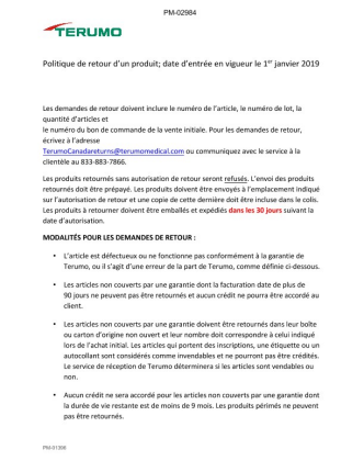 Document PDF de la capture d’écran de la Politique de retour