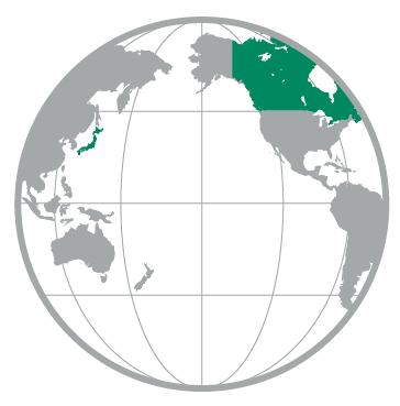 Illustration of globe with Canada and Japan highlighted